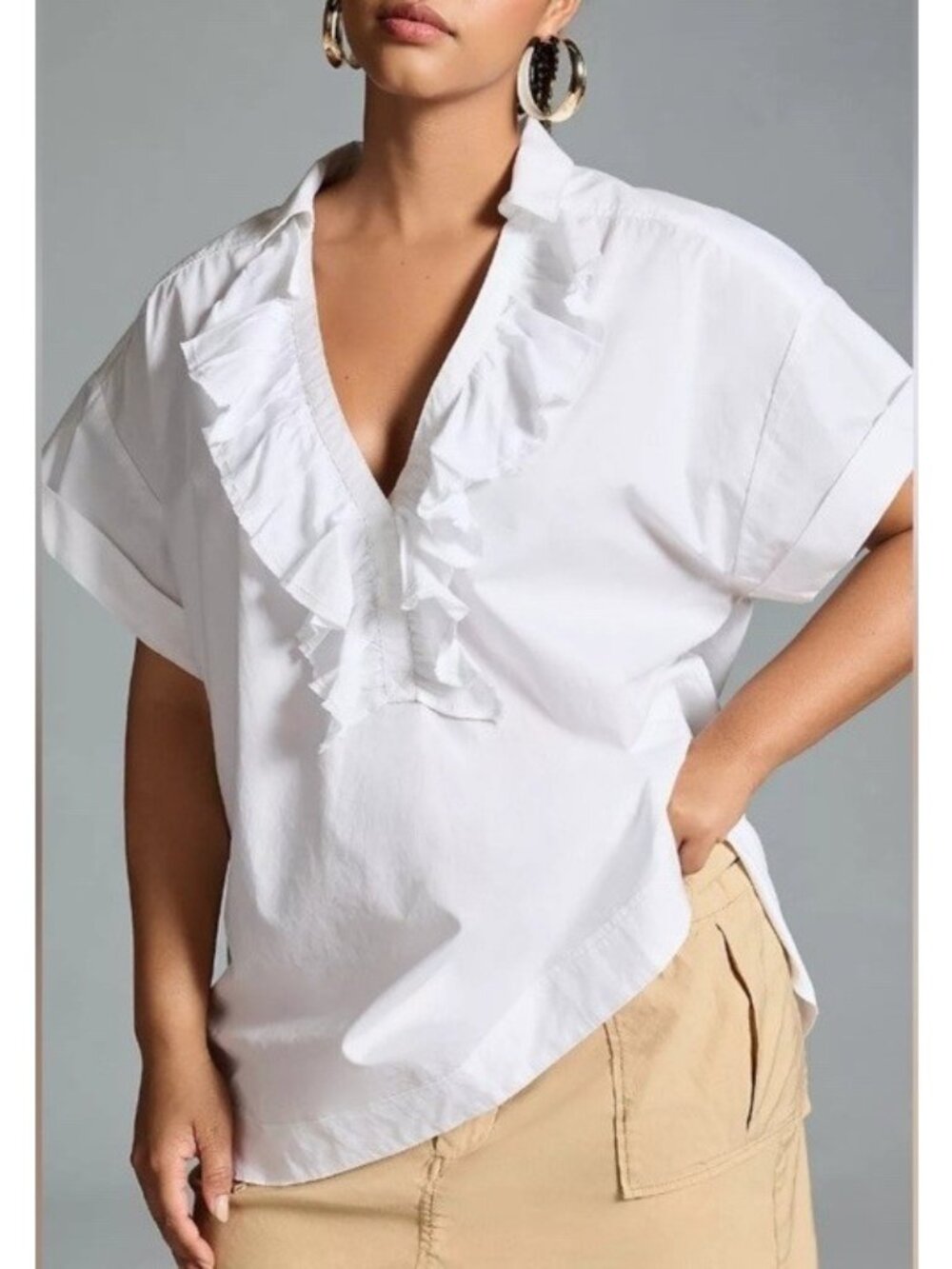 New Anthropologie Pilcro White Reworked Short Sleeve Ruffled Top Blouse SZ PXL